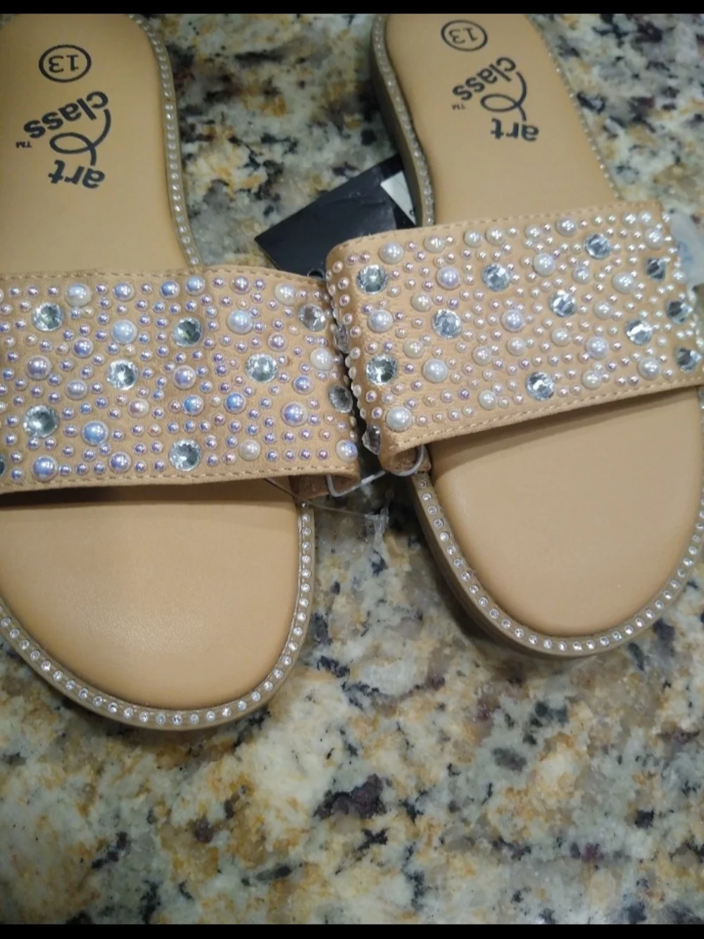 New art class Nude Embellished Slide Sandals